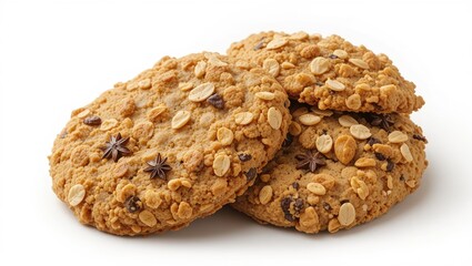 Close Up Of Oatmeal Chocolate Chip Cookies On White Background With A Crisp Texture And Golden Color