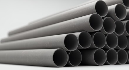 Diagonal Stack of Smooth Cylindrical Tubes in Grey on White Background Suggesting Movement for Industrial and Manufacturing Purposes