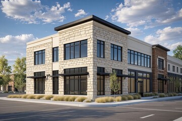 Contemporary Two-Story Commercial Property Featuring Cream Stone Exterior and Charcoal Windows in Colorado