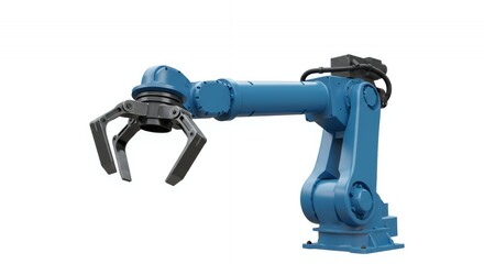 Dynamic Blue Industrial Robot Arm Extending Gripper on White Background Automated Precision Engineering Machine Isolated