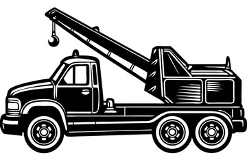 Naklejka premium Silhouette of a tow truck with extended boom in side profile view, tow truck, vehicle, silhouette, side profile, recovery, wrecker, roadside assistance, transportation, automotive, emergency, breakdow