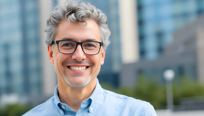A smiling middle-aged man with curly gray hair and glasses, wearing a light blue shirt, standing outdoors with a blurred city background. The scene conveys a cheerful and professional atmosphere.