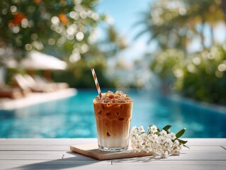a glass of iced coffee with milk and ice cubes placed on poolside