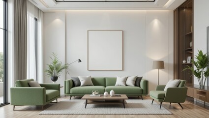 Contemporary Living Room Interior Design Featuring Green Sofas and Modern Decorative Elements