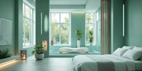 Futuristic meditation room in serene seafoam, featuring AI-guided meditation programs that help users relax and de-stress. The room includes immersive