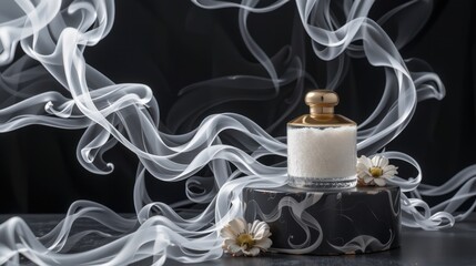 Aromatherapy diffuser with fragrant steam and white flowers on a dark surface with elegant background