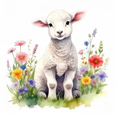 Adorable Lamb in Springtime Watercolor: A Whimsical, Pastoral Scene