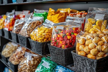 Assorted snacks in clear plastic bags, displayed in black baskets on store shelves