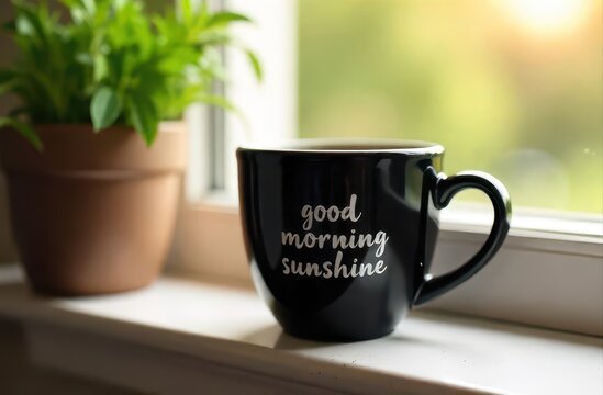 black mug with "good morning sunshine" text on windowsill beside green potted plant. morning coffee concept with blurred natural background. cozy kitchen, home decor, lifestyle.