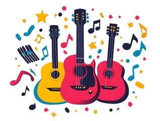 Vibrant Guitar Illustration: Colorful Musical Symbols and Notes for Modern Music Creatives