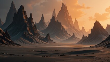 Naklejka premium Dramatic Rocky Mountain Landscape at Sunset with Vivid Colors and Intricate Silhouettes