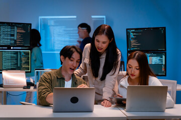 Group of young Asian Software Developers Talk,Discuss a Technological Project prompt app program...