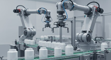 Fully Automated Assembly Line Robotic Arms Precisely Handling White Cylindrical Containers on Smooth Conveyor Belt in Factory