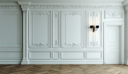 Detailed white wall paneling with sconce and door