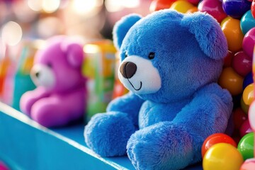 Charming Blue Teddy Bear Surrounded by Colorful Balloons and a Pink Bear in a Vibrant Carnival Atmosphere Perfect for Children's Theme and Joyful Celebrations