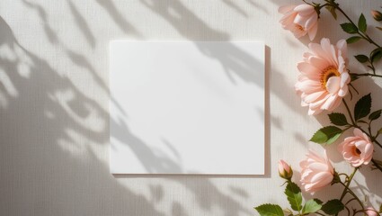 Obraz premium Elegant White Space Surrounded by Pink Roses and Soft Shadows on Textured Background