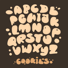 Cookies alphabet on brown background. Fun cartoon-style cookie letters, perfect for kids' designs, posters, and festive illustrations