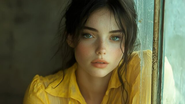 Contemplative Woman Looking out of Window in Yellow Shirt