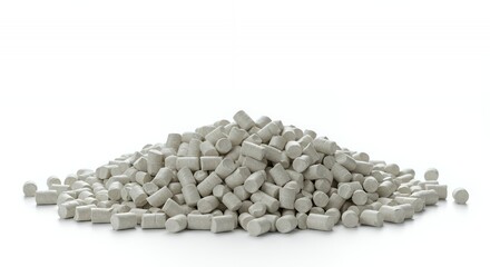 High Angle View of Dense Pile of White Cylindrical Pellets Isolated on White Background for Industrial or Chemical Use