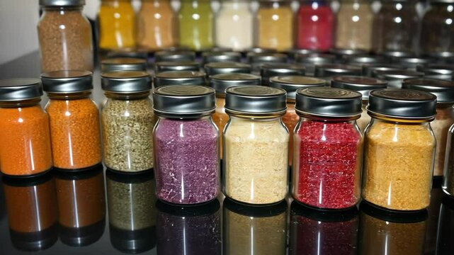 various spices arranged in glass jars on reflective black surface, assortment of vibrant colors