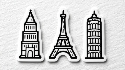 Obraz premium Iconic landmarks of the world illustrated in minimalist style featuring the Empire State Building Eiffel Tower and Leaning Tower of Pisa showcasing architectural diversity and cultural