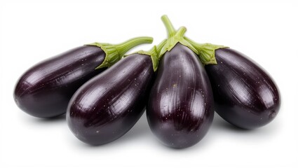 Fresh Organic Purple Eggplants Gathered Together on a White Background