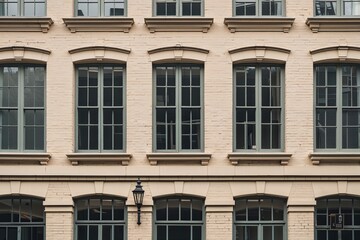 Obraz premium Charming Vintage Office Building Design Featuring Warm Cream Brick Exterior and Vacant Windows