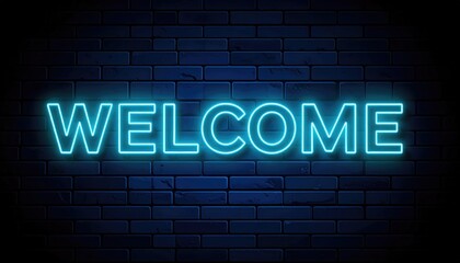 Fototapeta premium Neon Welcome Sign: Glowing Blue Text on Brick Wall