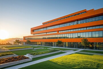 Vibrant Educational Institution with Orange Exterior Energy Efficient Windows and Lush Green Terraces in Afternoon Sunlight