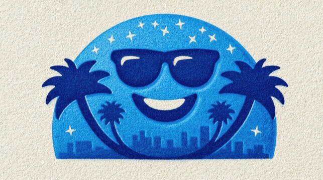 A cheerful blue emoji wearing sunglasses against a light backdrop with palm trees and city skyline elements conveying a sense of summer joy and carefree vibes in a coastal urban setting