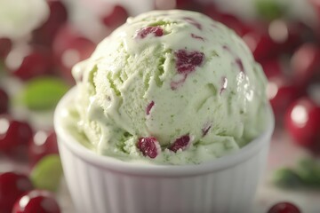 Close-up view of a bowl of mint-flavored ice cream with cranberries.