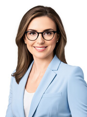 Portrait of a cheerful Caucasian woman with shoulder-length brown hair and glasses, dressed in a formal black business suit. Her