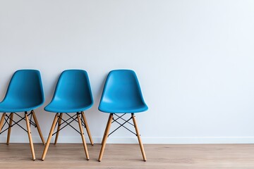 Obraz premium Three vibrant blue chairs against a plain white wall.