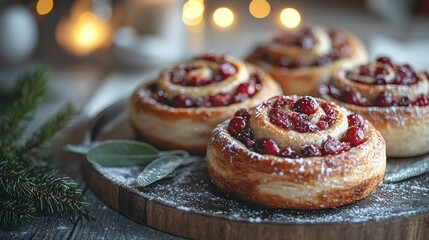 Festive cranberry rolls on a wooden plate