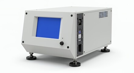 Fototapeta premium Industrial White Boxy Apparatus with Blue Screen Metallic Components and Circular Feet Isolated on White Background