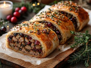 Festive, sliced, savory pastry roll, filled with cranberries and herbs