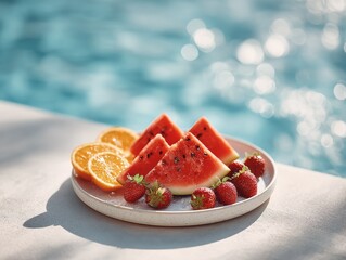 sliced watermelon and orange wedges placed on a white plate by the poolside