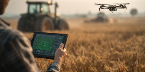 Farmer in field using tablet, monitoring drone and tractor, showcasing precision agriculture technology improving efficiency and crop yield