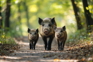 Generative AI image of wild boars walking through dense summer forest trail with natural light and forest leaves all around