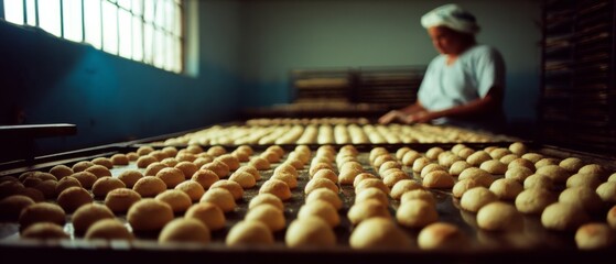 Rows of freshly baked bread rolls cooling on racks with a baker in the background, radiating warmth and the comforting aroma of a bustling bakery.
