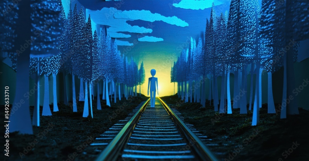 Poster papercraft forest scene. railroad tracks converge toward distant figure. blue tones dominate, creati