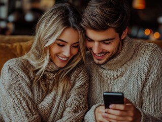 Fototapeta premium Happy couple looking at phone (1)