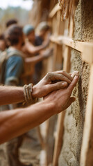Close-up of hands applying mud to a wall, showcasing craftsmanship and manual labor, representing community effort and sustainable building techniques