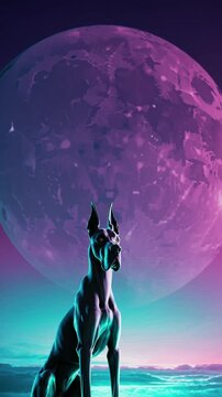 Grand Danois devant une gigantesque lune violette dans un paysage r&eacute;trofuturiste

