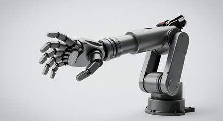 Metallic Robot Arm with Articulated Joints Poised in Dynamic Reaching Position Isolated on White Background Showcasing Controlled Precision