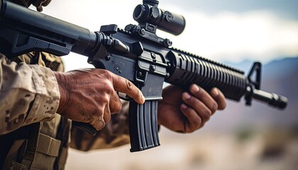 Soldier Holding Rifle In Desert Landscape With Tactical Military Gear