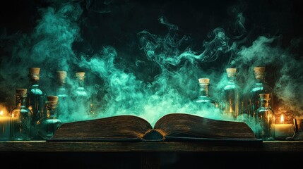 Open book, teal smoke, antique bottles, dark