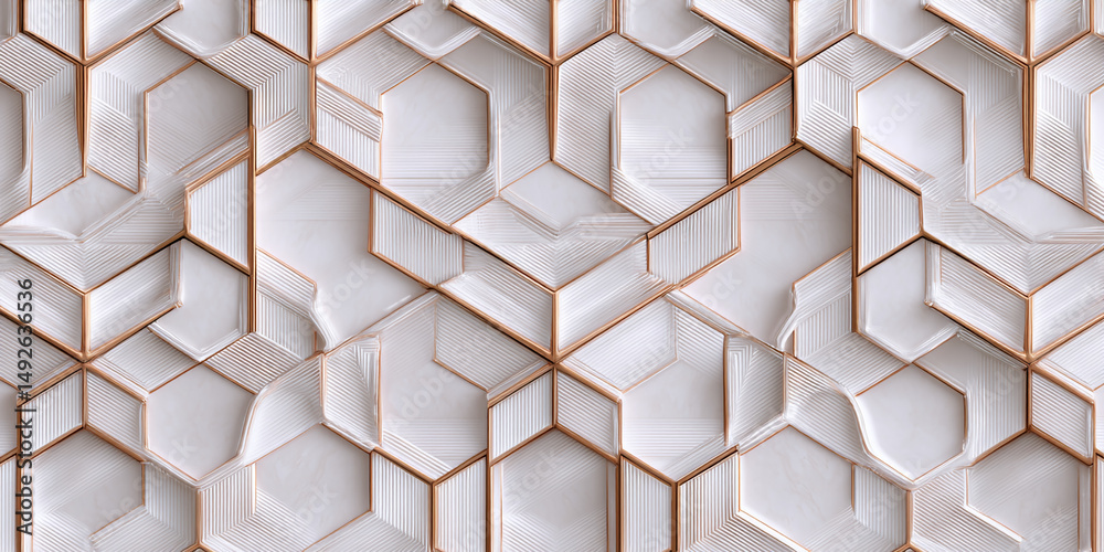 Poster abstract image of white hexagonal shapes with rose gold accents, creating a textured, geometric patt