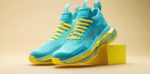 Vibrant. patterned sneakers positioned on a stylish pedestal against a soft. warm background. showcasing their unique design and potential for fashion photography