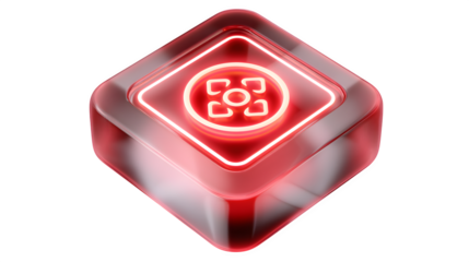 Futuristic 3D alert icon with glowing red edges and hazard symbol, isometric view, transparent background